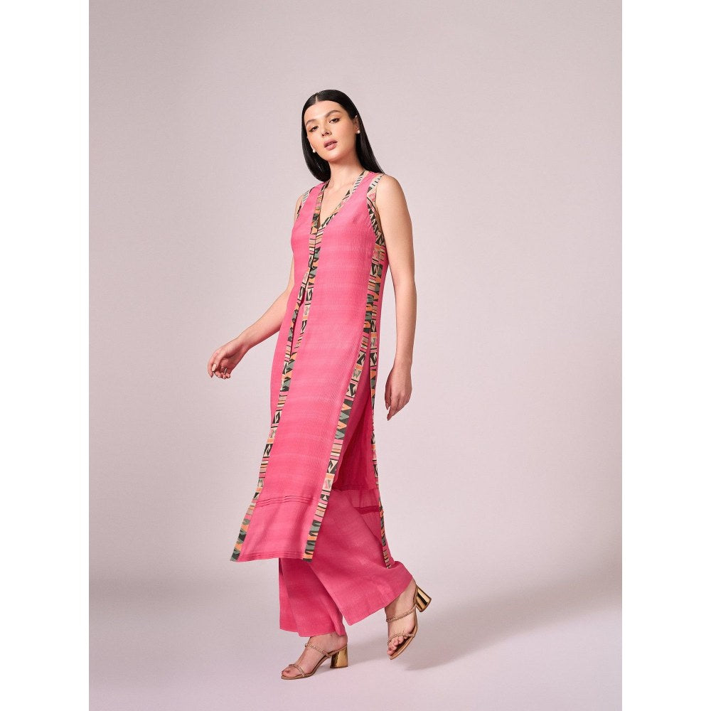 KOSWI Women Pink Cotton Silk Geometric Kurta with Pant