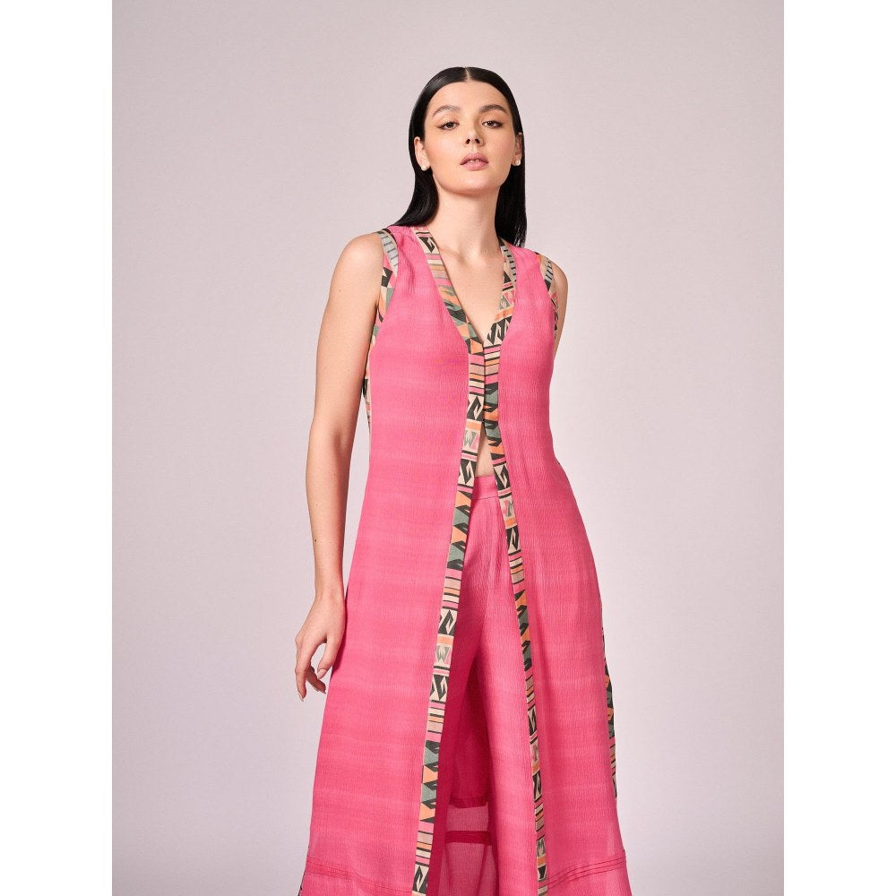 KOSWI Women Pink Cotton Silk Geometric Kurta with Pant