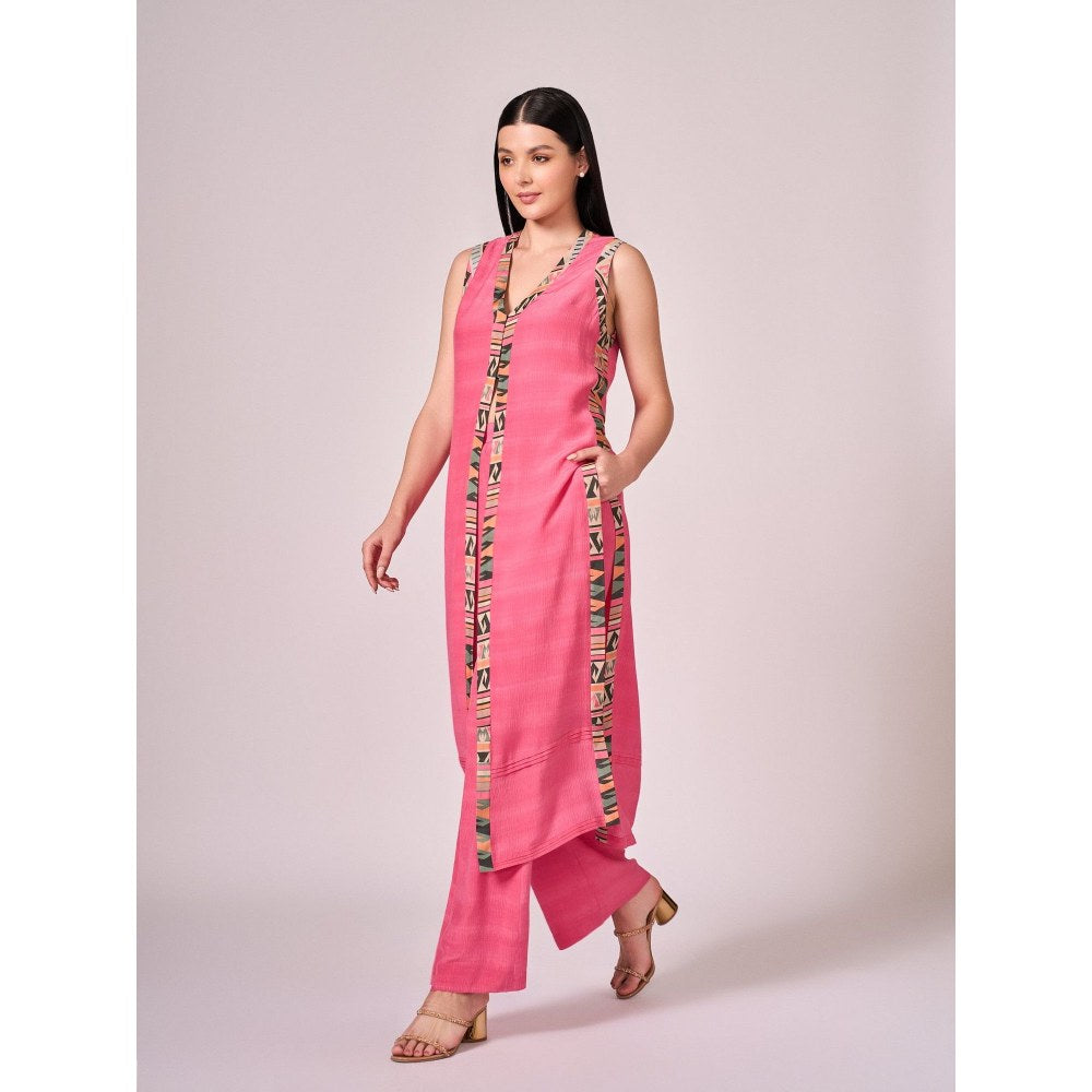 KOSWI Women Pink Cotton Silk Geometric Kurta with Pant