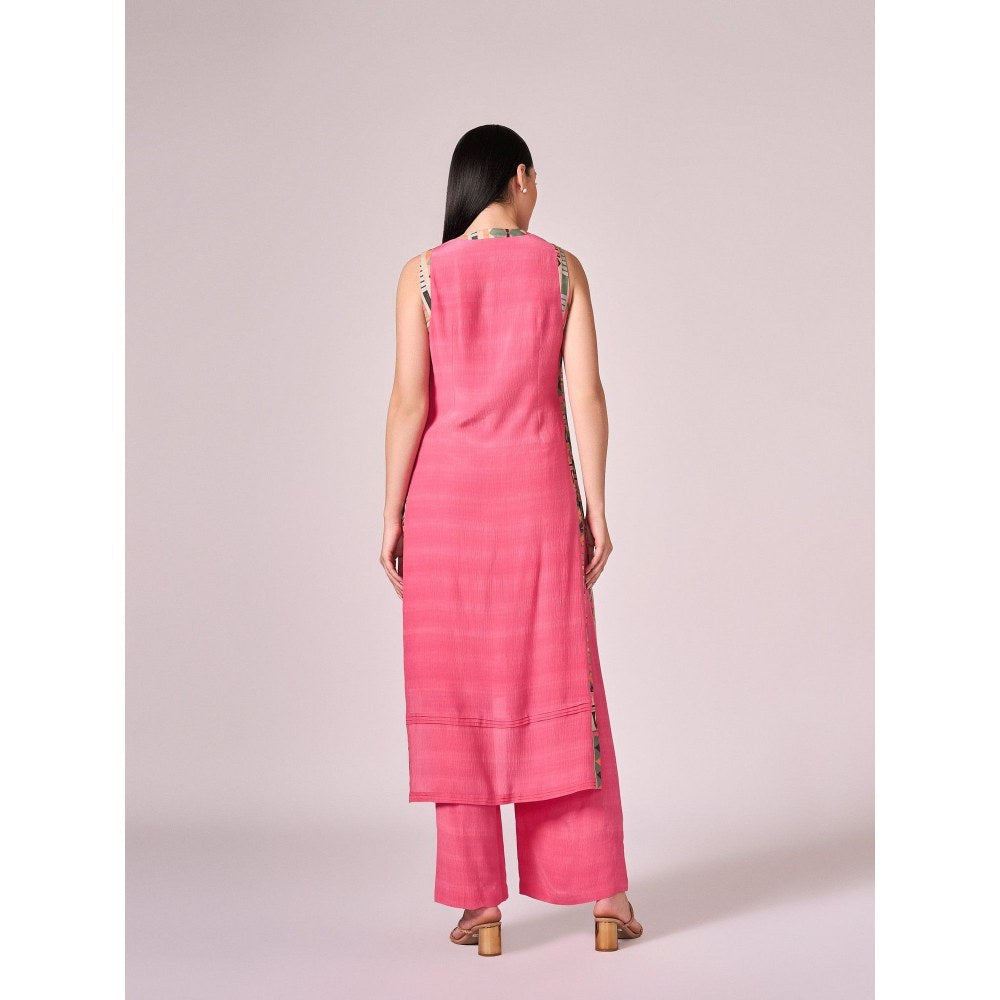KOSWI Women Pink Cotton Silk Geometric Kurta with Pant