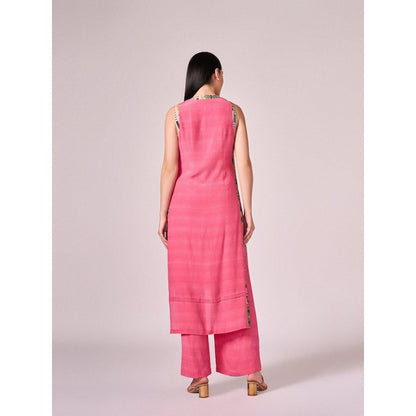 KOSWI Women Pink Cotton Silk Geometric Kurta with Pant