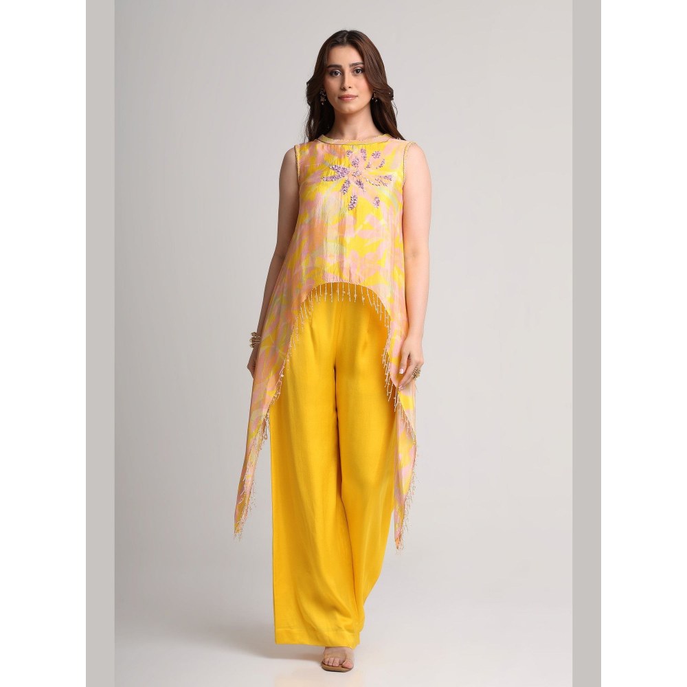 KOSWI Women Yellow Viscose Embellished Tunic with Pant