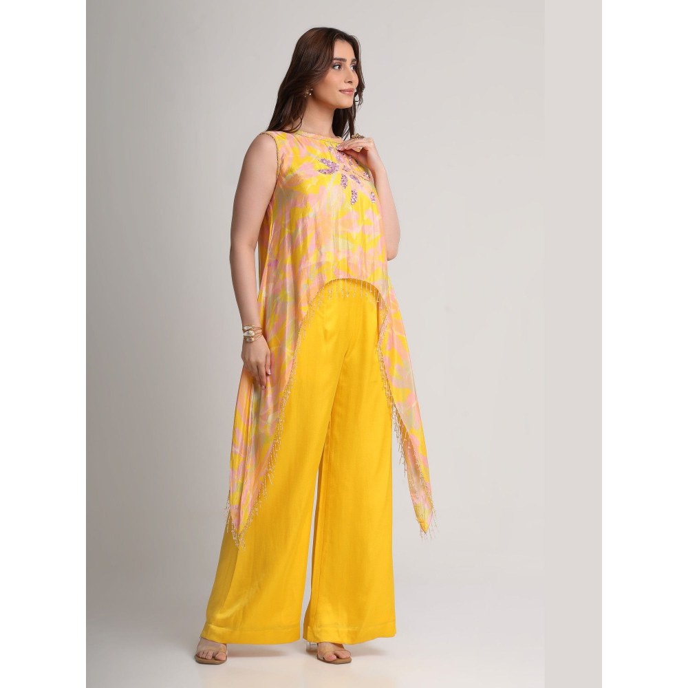 KOSWI Women Yellow Viscose Embellished Tunic with Pant