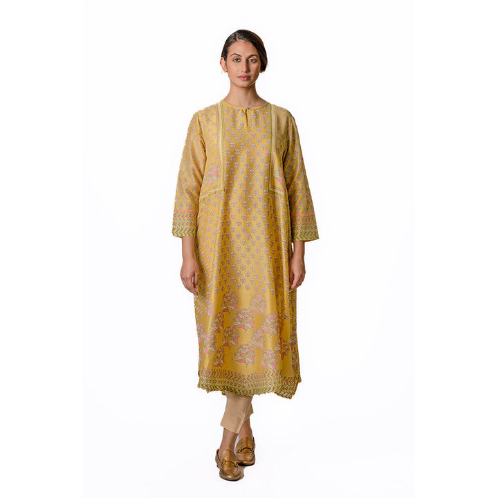 Krishna Mehta Mustard Chanderi Tunic With Floral Block Printed Motifs