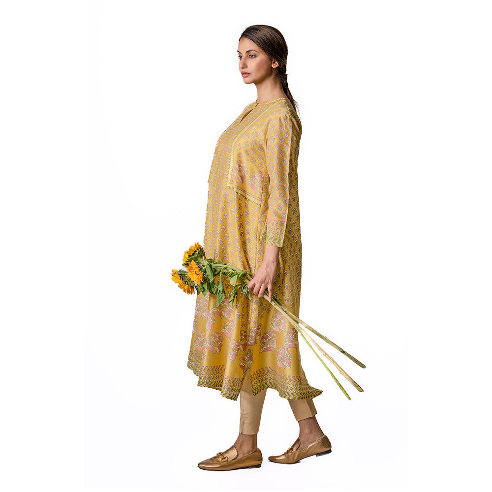 Krishna Mehta Mustard Chanderi Tunic With Floral Block Printed Motifs