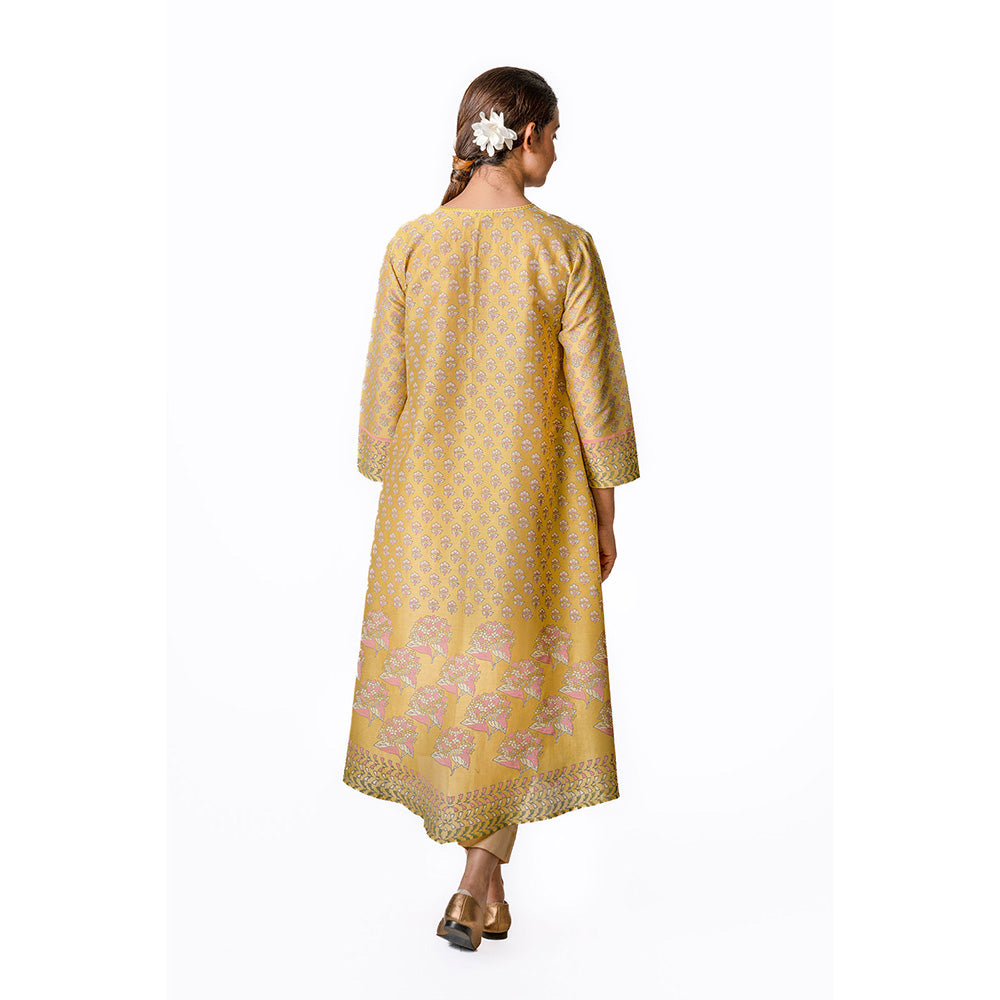 Krishna Mehta Mustard Chanderi Tunic With Floral Block Printed Motifs