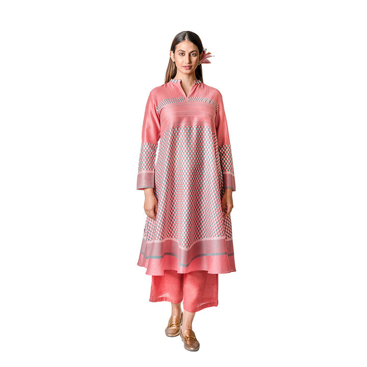 Krishna Mehta Pink Chanderi Tunic With Geometric Block Printed Motifs