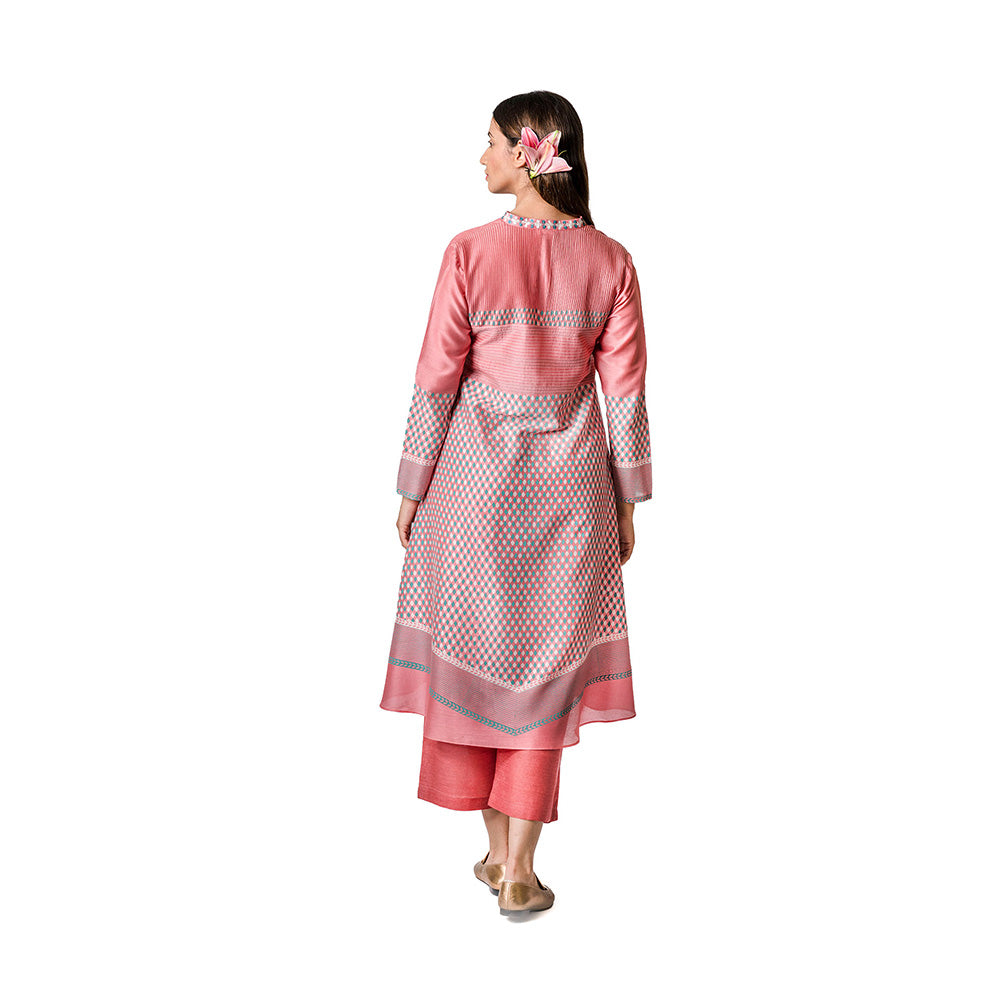 Krishna Mehta Pink Chanderi Tunic With Geometric Block Printed Motifs