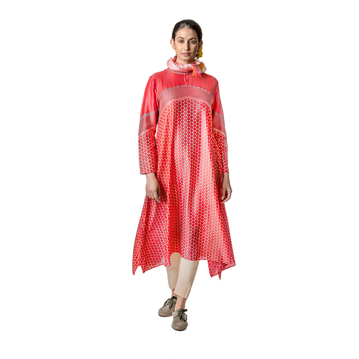 Krishna Mehta Red Chanderi Tunic With Geometric Block Printed Motifs