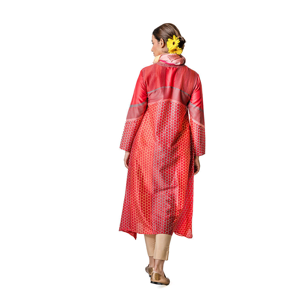 Krishna Mehta Red Chanderi Tunic With Geometric Block Printed Motifs