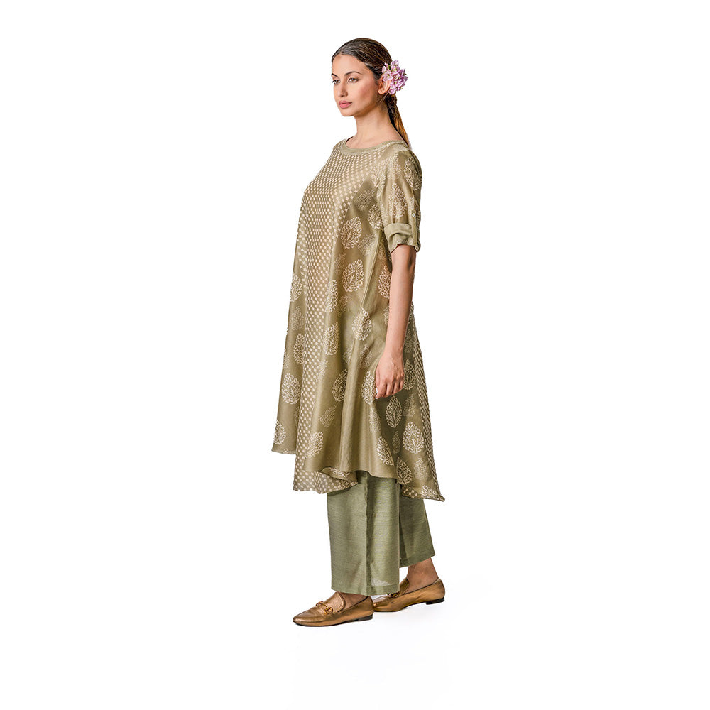 Krishna Mehta Olive Chanderi Tunic With Floral Block Printed Motifs