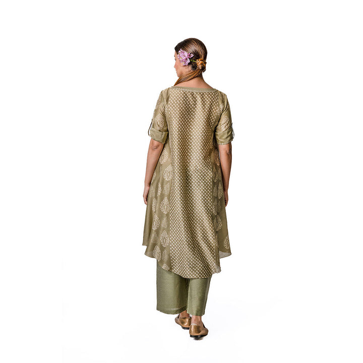 Krishna Mehta Olive Chanderi Tunic With Floral Block Printed Motifs