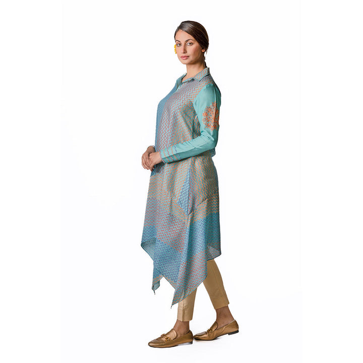 Krishna Mehta Turquoise Zig Zag Block Print Tunic