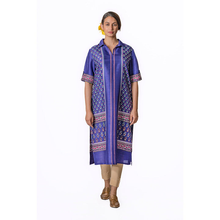 Krishna Mehta Blue Tunic In Tussar With Spread Collar