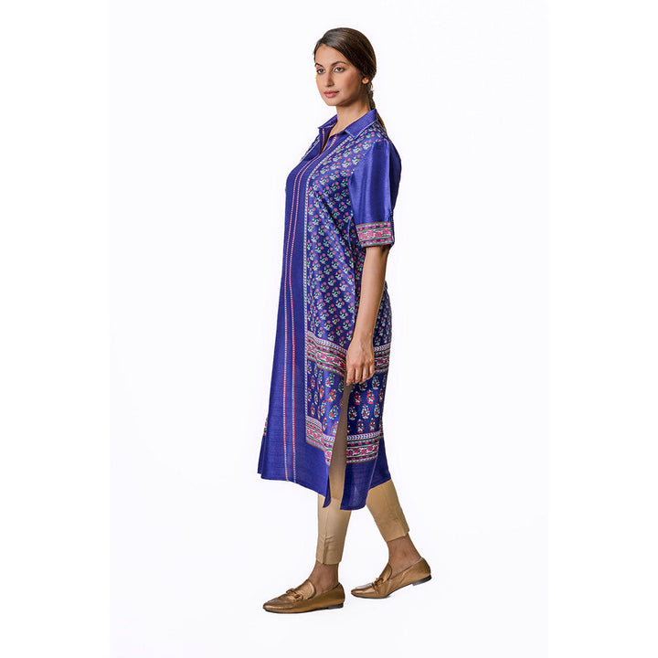 Krishna Mehta Blue Tunic In Tussar With Spread Collar