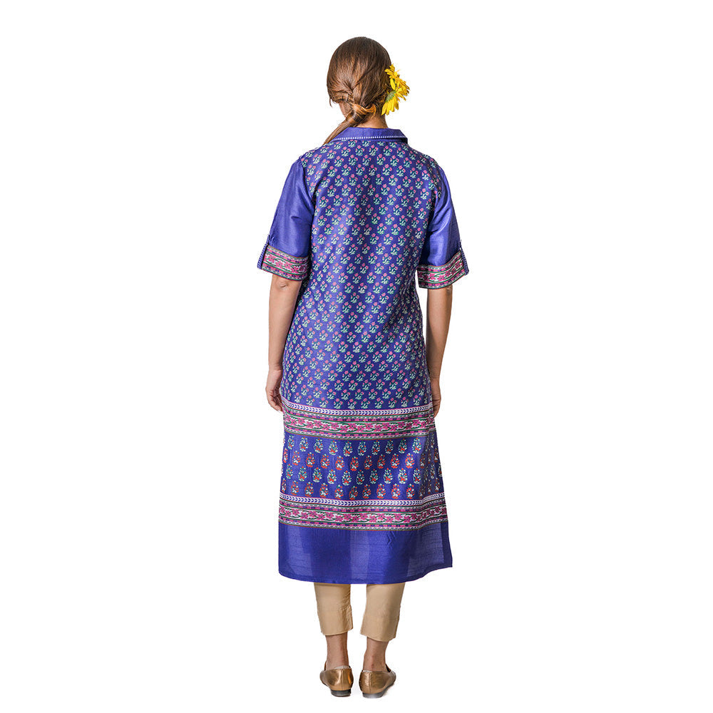 Krishna Mehta Blue Tunic In Tussar With Spread Collar