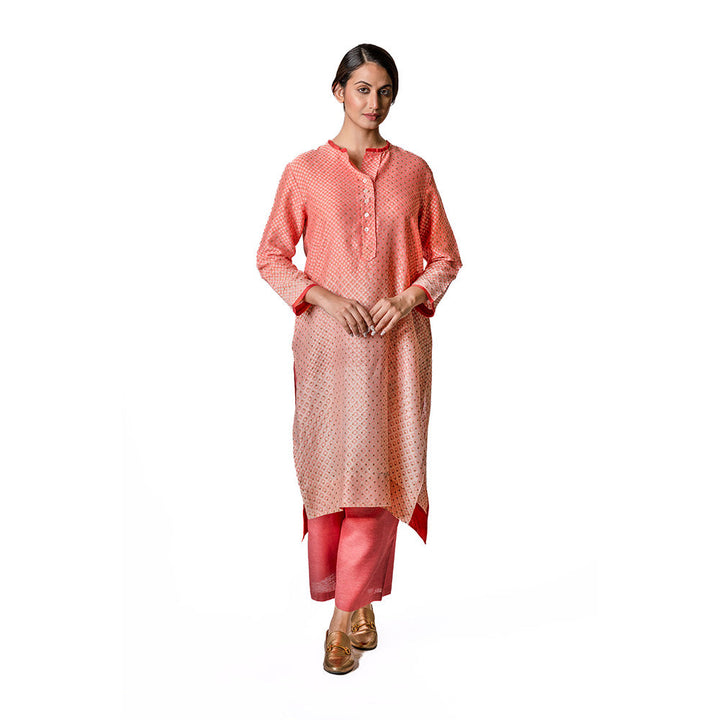 Krishna Mehta Shaded Peach Chanderi Tunic With Geometric Block Print