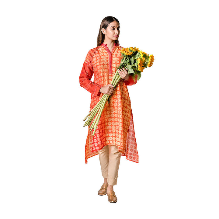 Krishna Mehta Tangerine Chanderi Tunic With Floral Block Print