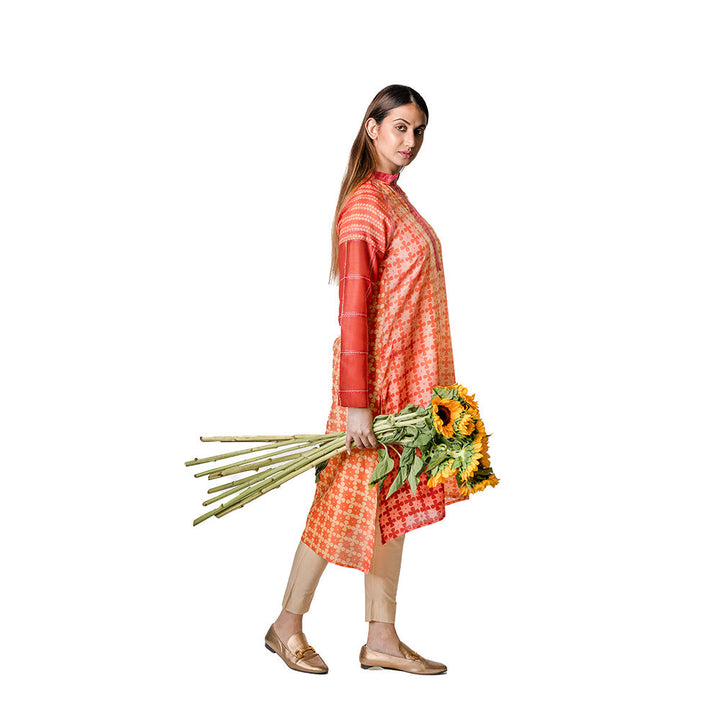 Krishna Mehta Tangerine Chanderi Tunic With Floral Block Print