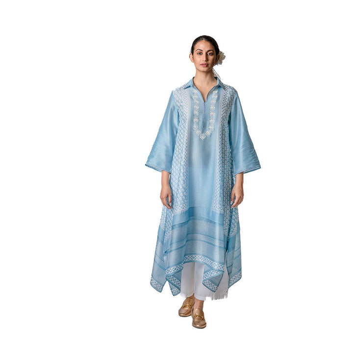 Krishna Mehta Sky Blue Asymmetric Chanderi Tunic