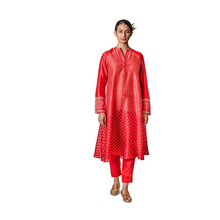 Krishna Mehta Red Chanderi Tunic With Geometric Block Print