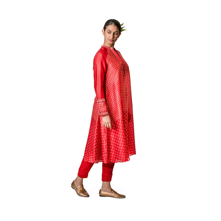 Krishna Mehta Red Chanderi Tunic With Geometric Block Print