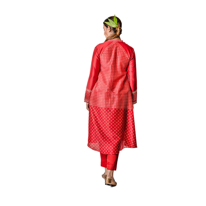 Krishna Mehta Red Chanderi Tunic With Geometric Block Print