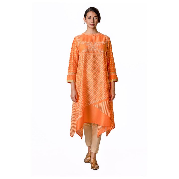 Krishna Mehta Orange Asymmetric Chanderi Tunic With Stripes & Block Print