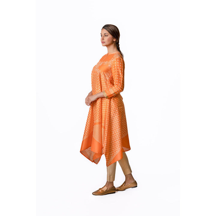 Krishna Mehta Orange Asymmetric Chanderi Tunic With Stripes & Block Print