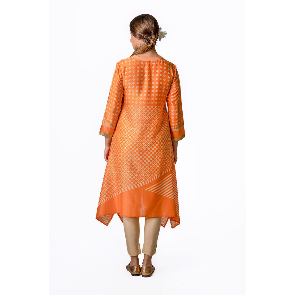 Krishna Mehta Orange Asymmetric Chanderi Tunic With Stripes & Block Print