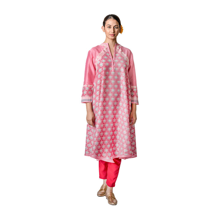 Krishna Mehta Pink Chanderi Tunic With Floral Block Print