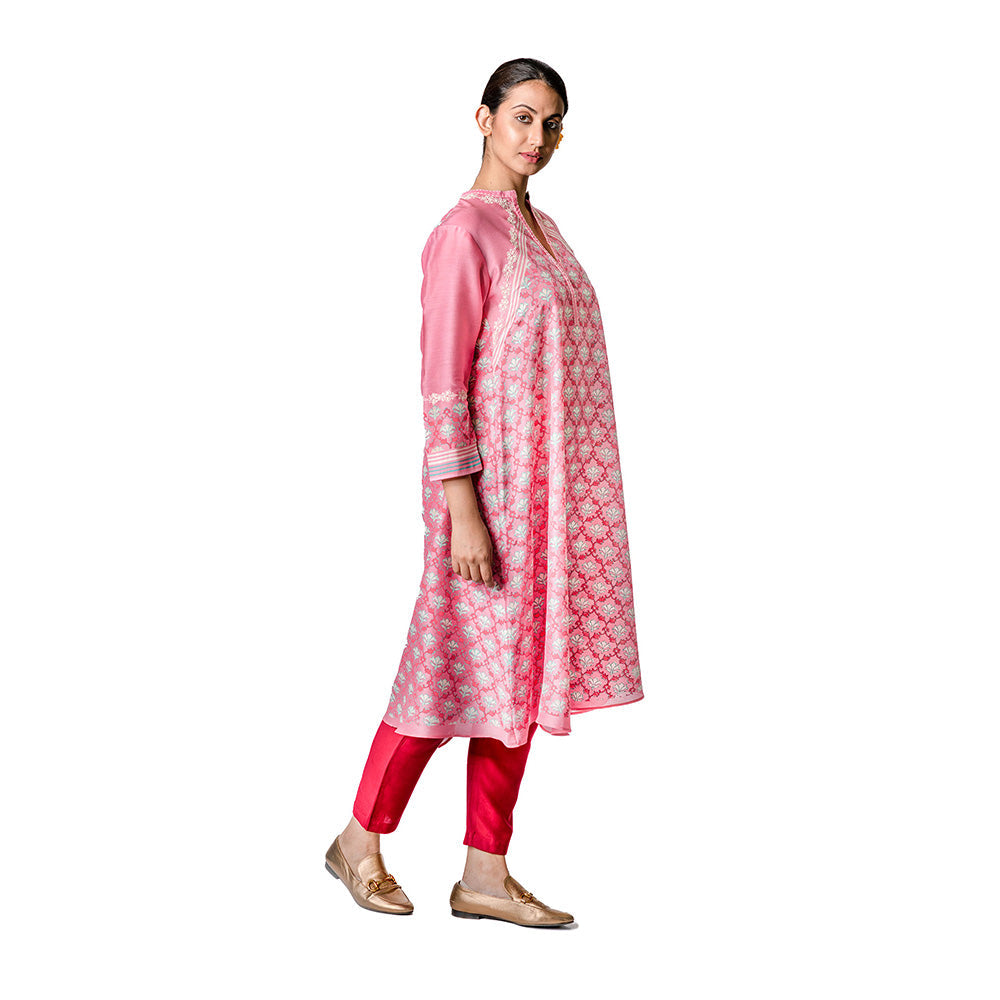 Krishna Mehta Pink Chanderi Tunic With Floral Block Print