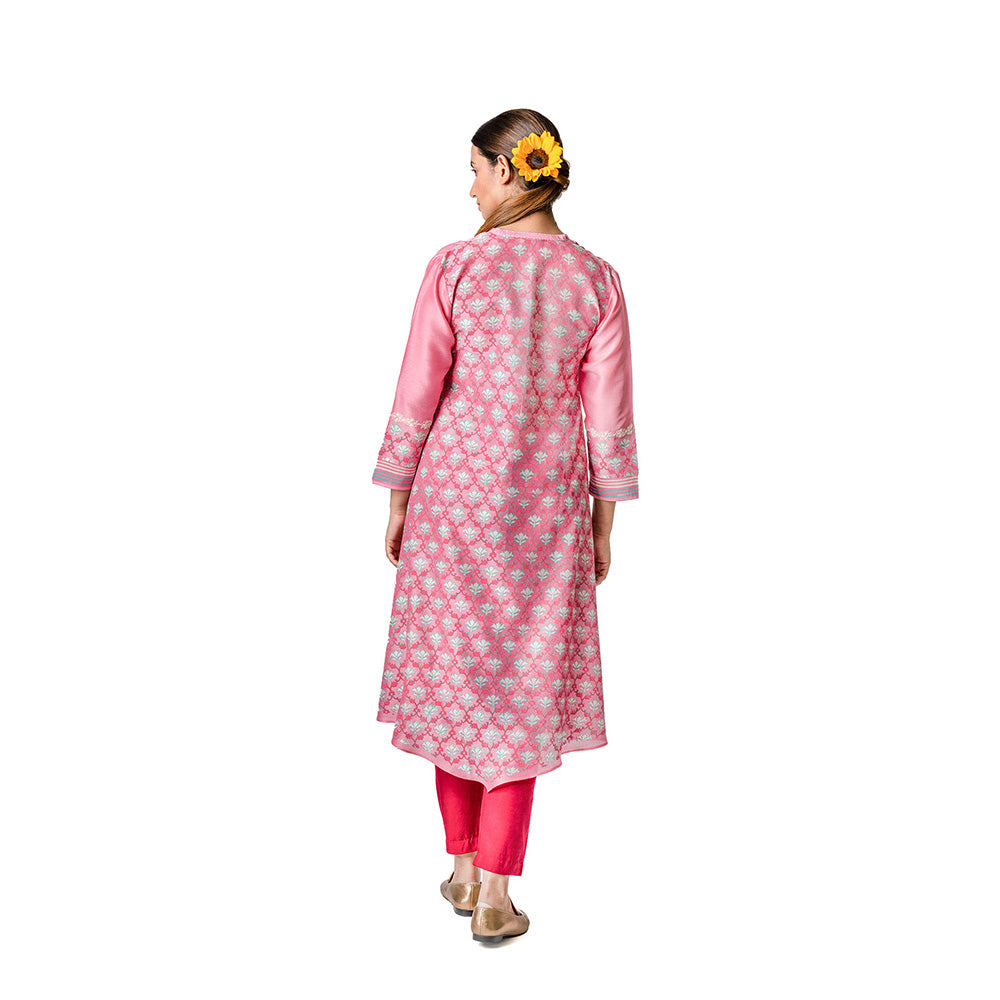 Krishna Mehta Pink Chanderi Tunic With Floral Block Print