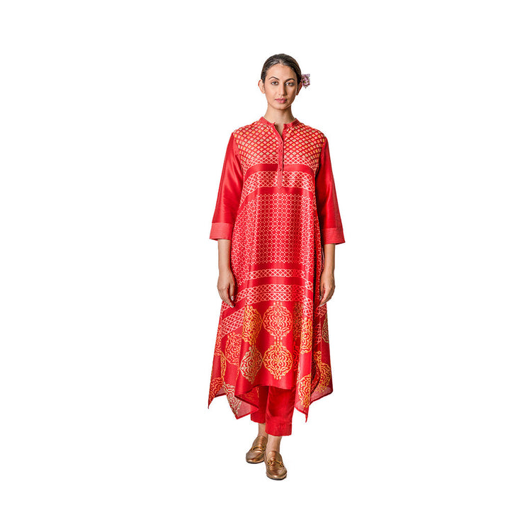 Krishna Mehta Red Chanderi Tunic With Floral & Geometric Block Print