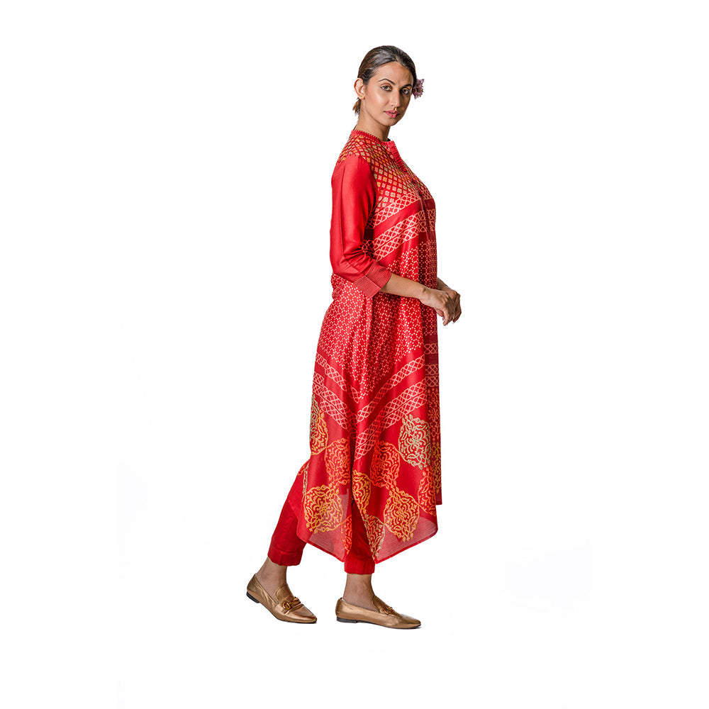 Krishna Mehta Red Chanderi Tunic With Floral & Geometric Block Print