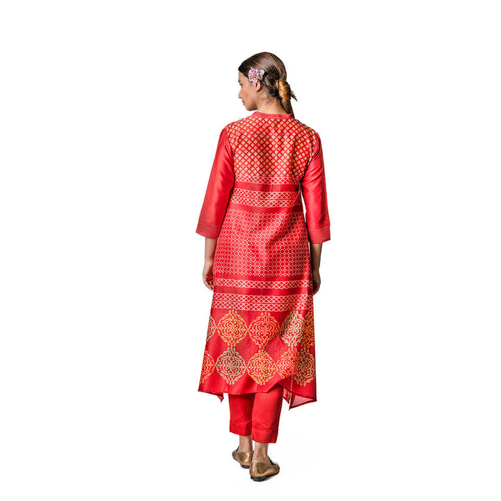 Krishna Mehta Red Chanderi Tunic With Floral & Geometric Block Print