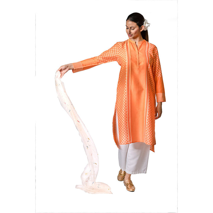 Krishna Mehta Orange Asymmetric Chanderi Tunic With Stripes & Geometric Block Print