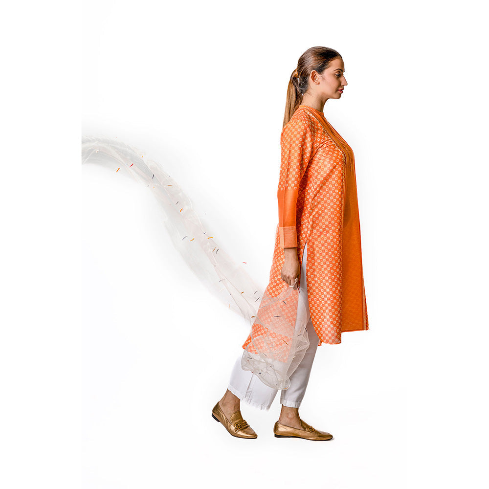 Krishna Mehta Orange Asymmetric Chanderi Tunic With Stripes & Geometric Block Print