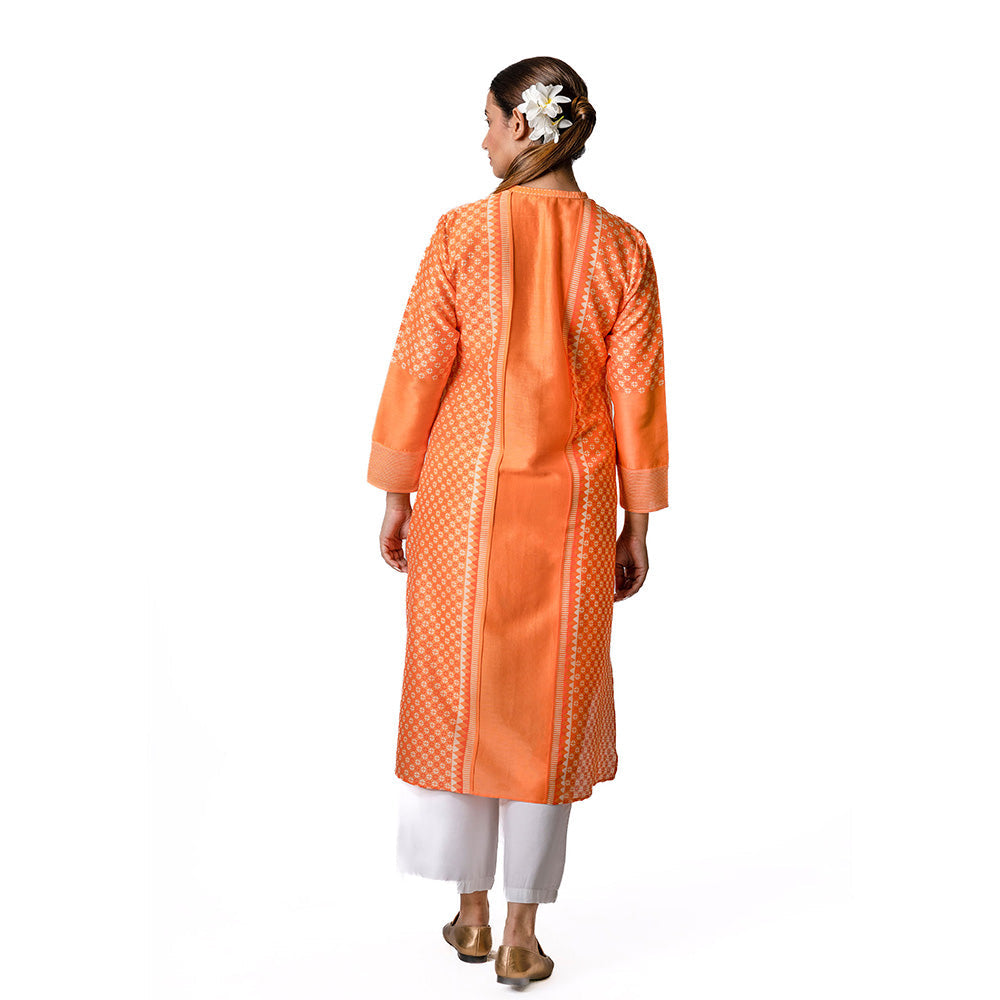 Krishna Mehta Orange Asymmetric Chanderi Tunic With Stripes & Geometric Block Print