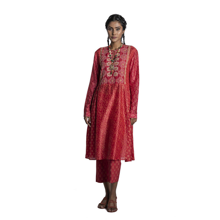 Krishna Mehta Red Chanderi Floral Printed Kurta (Set of 2)