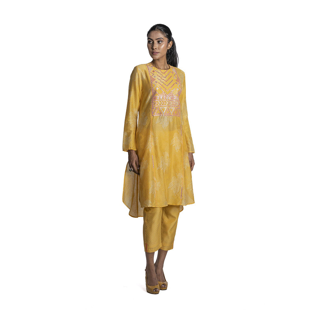 Krishna Mehta Yellow Chanderi Floral Printed Kurta (Set of 2)