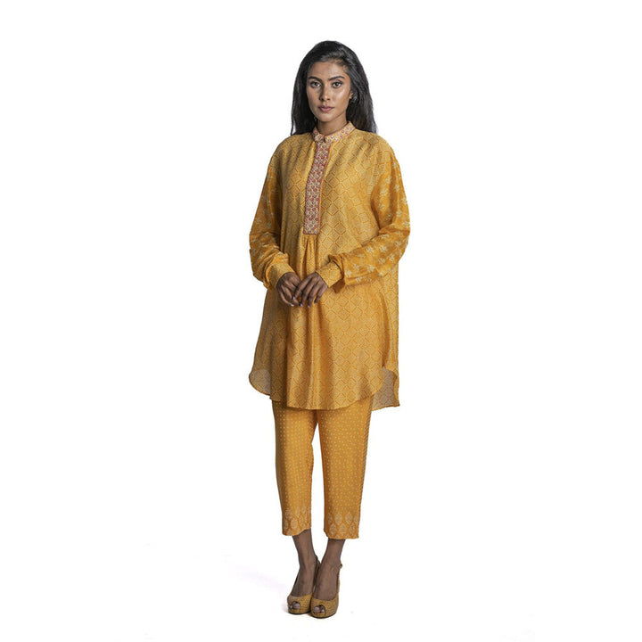 Krishna Mehta Yellow Chanderi Asymmetric Kurta (Set of 2)