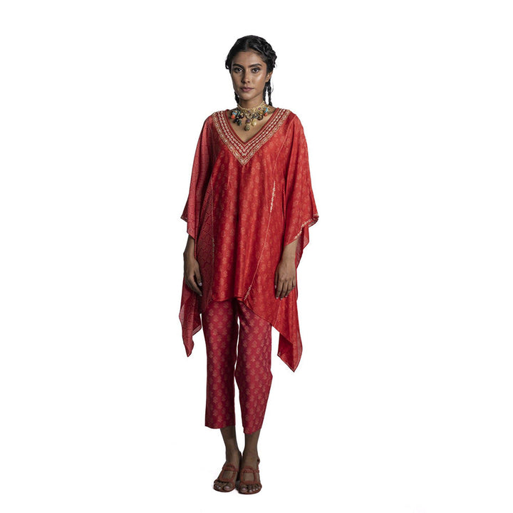 Krishna Mehta Red Asymmetric Chanderi Kaftan (Set of 2)