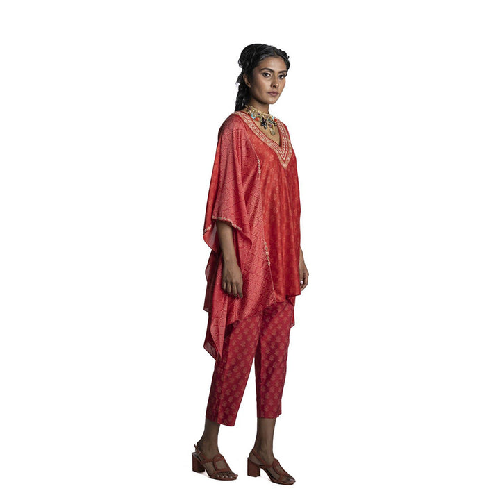 Krishna Mehta Red Asymmetric Chanderi Kaftan (Set of 2)