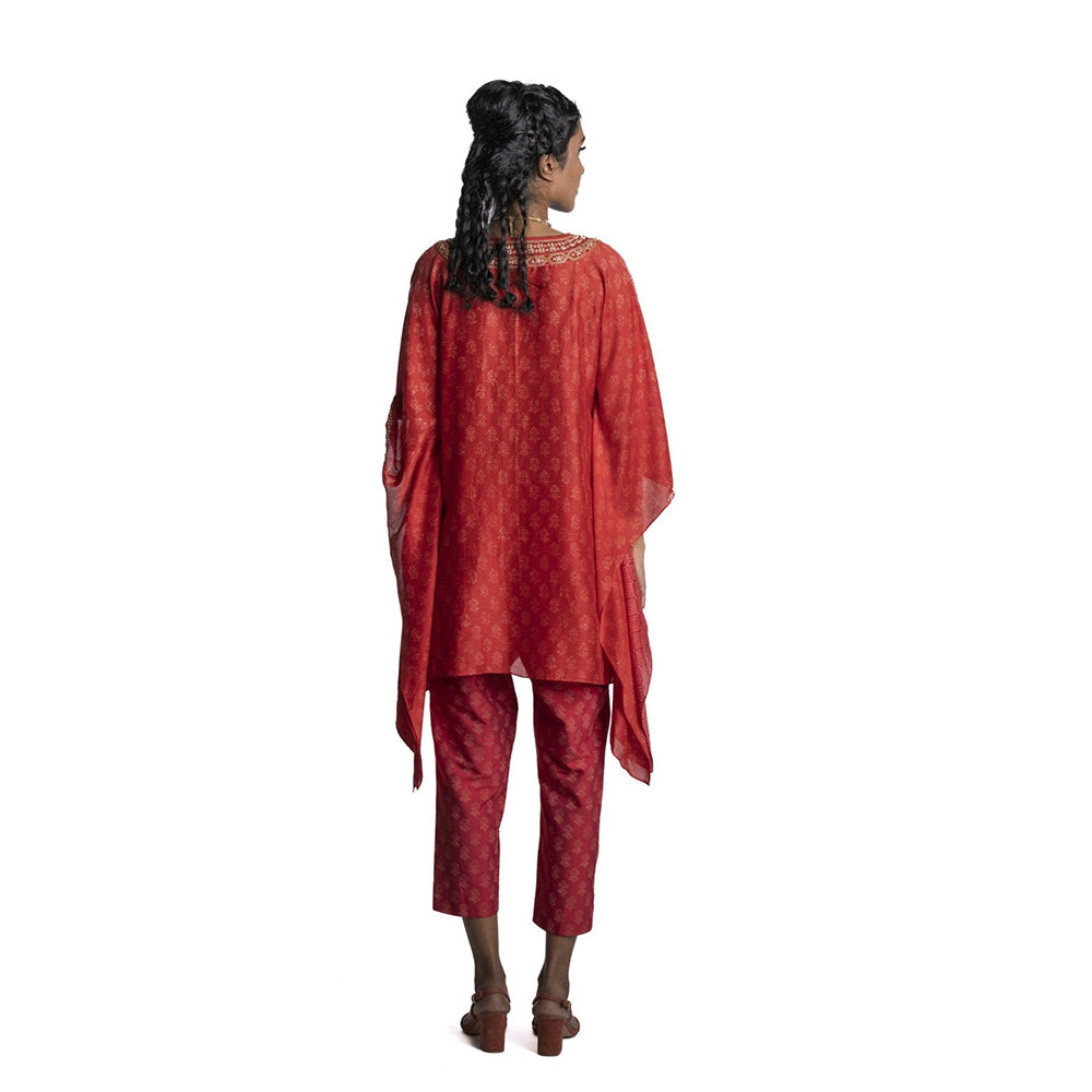 Krishna Mehta Red Asymmetric Chanderi Kaftan (Set of 2)