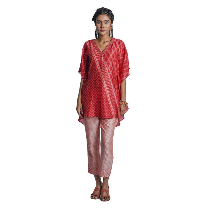 Krishna Mehta Red Chanderi Asymmetric Print Kaftan (Set of 2)