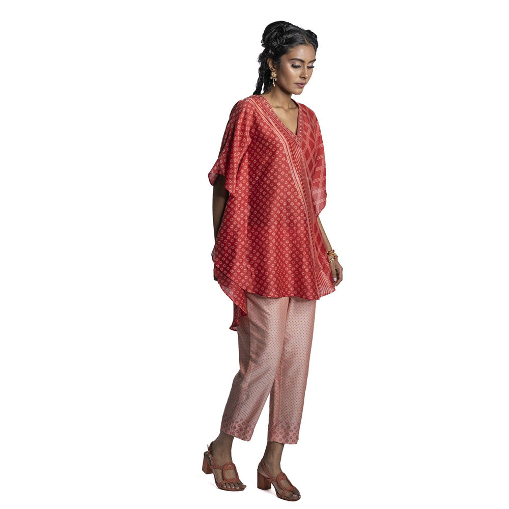 Krishna Mehta Red Chanderi Asymmetric Print Kaftan (Set of 2)