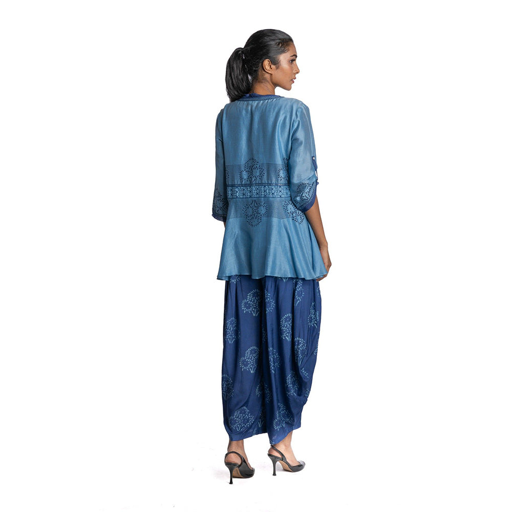 Krishna Mehta Blue Chanderi Printed Top with Dhoti & Jacket (Set of 3)