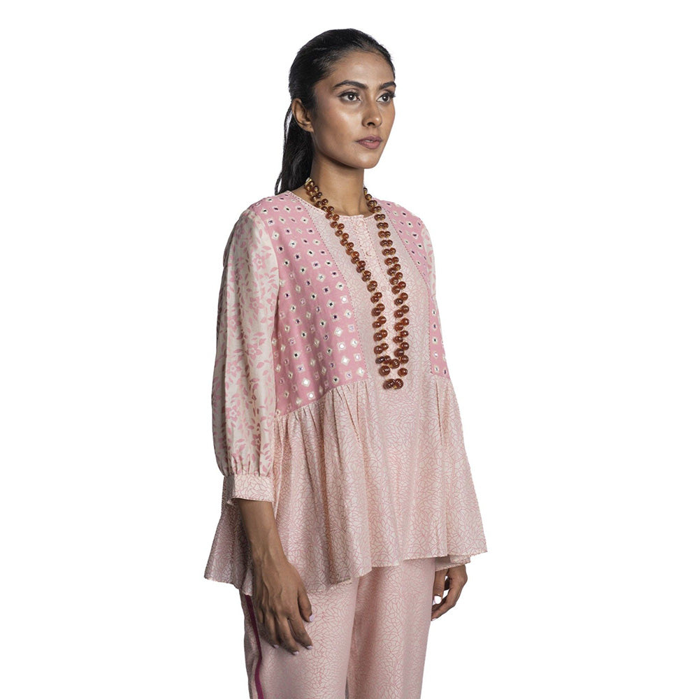 Krishna Mehta Pink Chanderi Mirror Work Tunic (Set of 2)