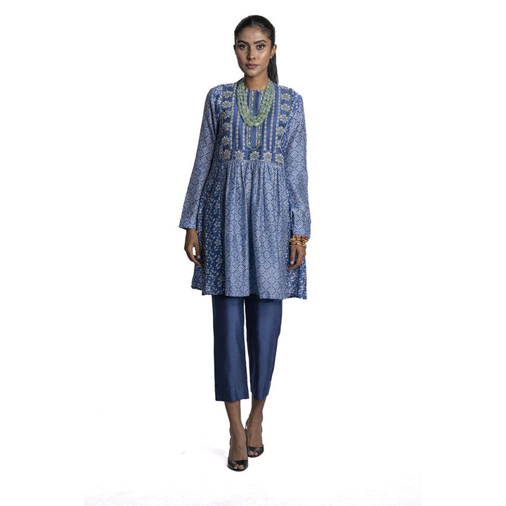 Krishna Mehta Blue Chanderi Floral Printed Tunic (Set of 2)